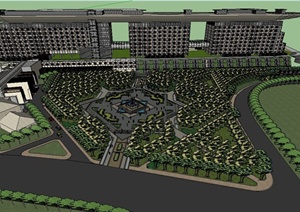 现代某高层联排办公建筑广场景观设计SU(草图大师)模型