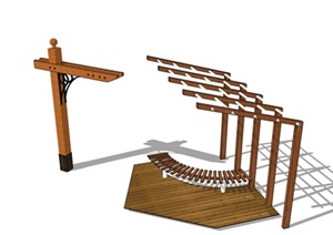 现代木廊架设计SU(草图大师)模型（含坐凳）