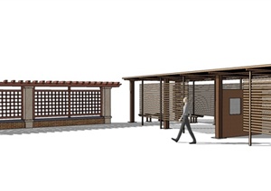 现在中式廊架、木质廊架景墙设计SU(草图大师)模型