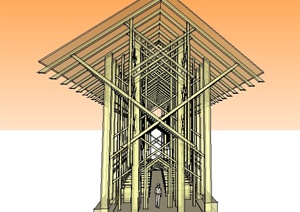 现代某木质交叉教堂建筑设计SU(草图大师)模型