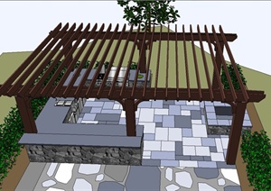 某庭院景观节点木质廊架设计SU(草图大师)模型