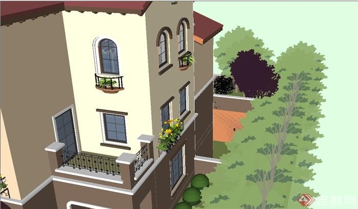 某欧式风格三层别墅建筑与庭院景观设计SU模型(3)