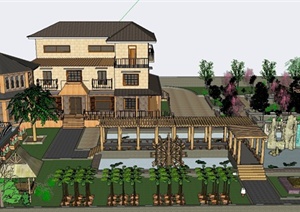 某中式风格多层住宅建筑庭院景观设计SU(草图大师)模型