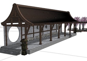 古典中式廊架、弧形花架、景墙水体设计SU(草图大师)模型