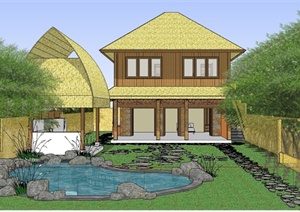 两层东南亚风格建筑庭院景观设计SU(草图大师)模型