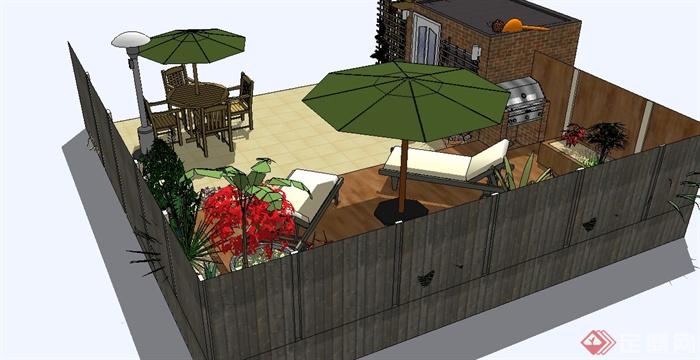 屋顶花园设计su模型（含廊架、座椅）(3)