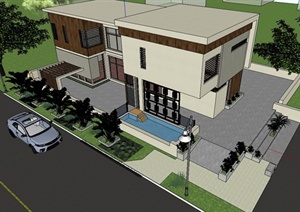某现代住宅建筑设计SU(草图大师)模型（含花园）