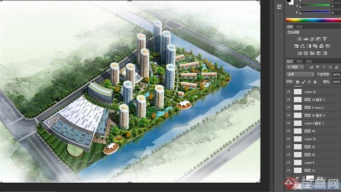 现代某滨河高层住宅小区景观设计PSD效果图(2)
