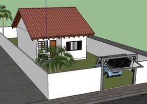 单层瓦房建筑设计SU(草图大师)模型（含庭院）