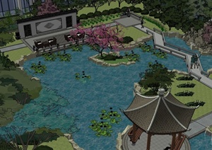 某小区中式花园设计SU(草图大师)模型（含小区建筑）