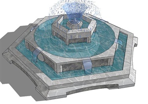 六边形喷泉水池景观设计SU(草图大师)模型