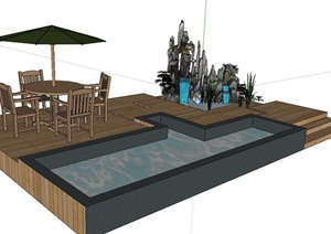 园林景观节点木桌椅、阳伞、假山水景、木平台组合设计SU(草图大师)模型