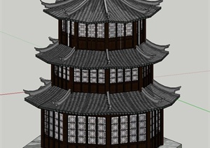 古典中式三层茶室塔楼建筑设计SU(草图大师)模型