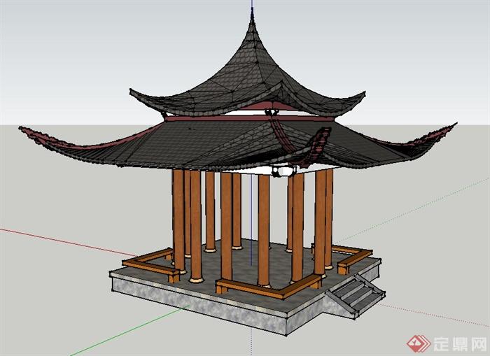 园林古典中式四角翘檐亭设计su模型