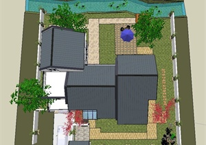 现代中式两层临河别墅建筑庭院景观设计SU(草图大师)模型