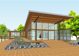 某单层木质休闲咖啡馆茶楼休闲屋建筑设计SU(草图大师)模型