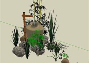 园林景观节点滴水小品、景石、景观植物等设计SU(草图大师)模型