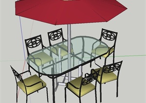 现代室外六人玻璃桌椅与阳伞设计SU(草图大师)模型