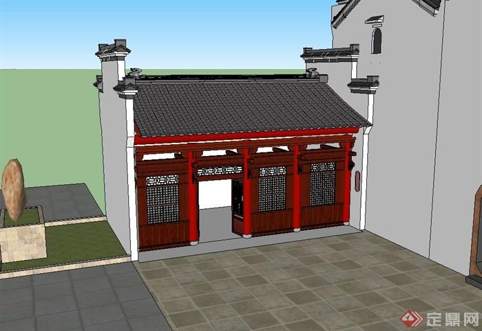 古典中式单层餐馆建筑设计SU模型(1)