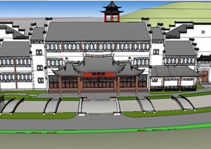 中式徽派联排餐饮建筑设计SU(草图大师)模型