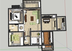 现代某三室两厅两卫住宅空间装修设计SU(草图大师)模型