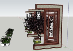 园林景观节点镂空景墙与花卉植物设计SU(草图大师)模型