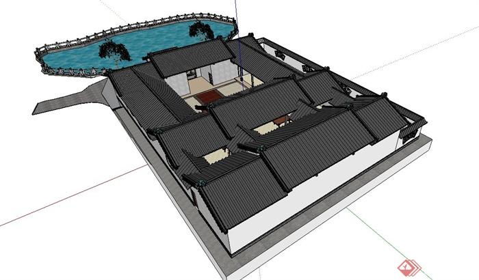 古典中式四合院住宅建筑设计su模型（含水池）(4)