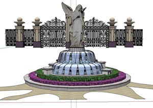 雕塑喷泉水池SU(草图大师)模型（含大门设计）