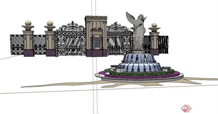 雕塑喷泉水池su模型(3)