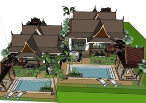 东南亚风格单层别墅建筑设计SU(草图大师)模型