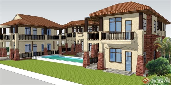 新古典两层别墅建筑设计su模型(4)