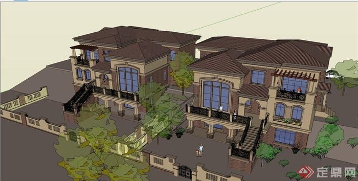 两栋台阶式欧式别墅建筑设计su模型(3)