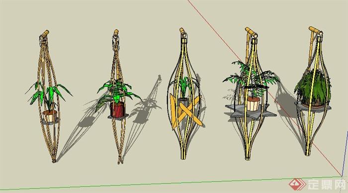 园林景观节点竹制多个花架设计SU模型(1)