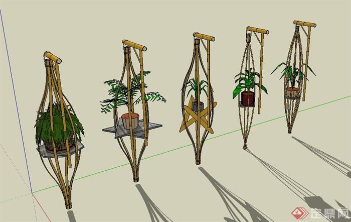 园林景观节点竹制多个花架设计SU模型(3)