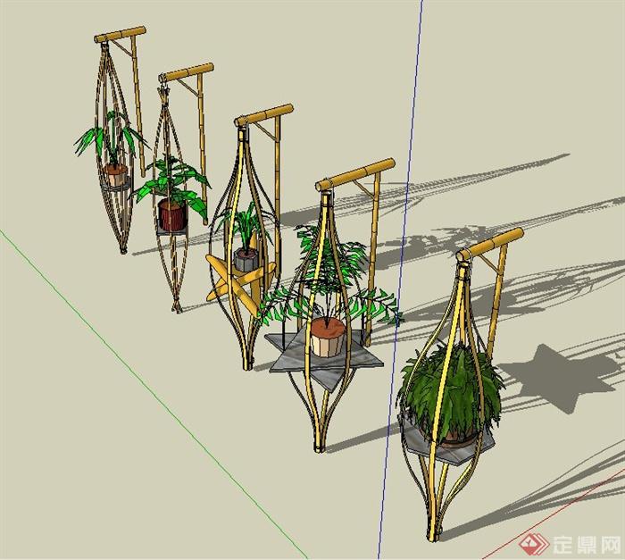 园林景观节点竹制多个花架设计SU模型(2)