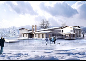 某两层乡村住宅建筑冬天雪景设计PSD效果图