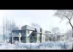 某欧式两层别墅冬天雪景设计PSD效果图
