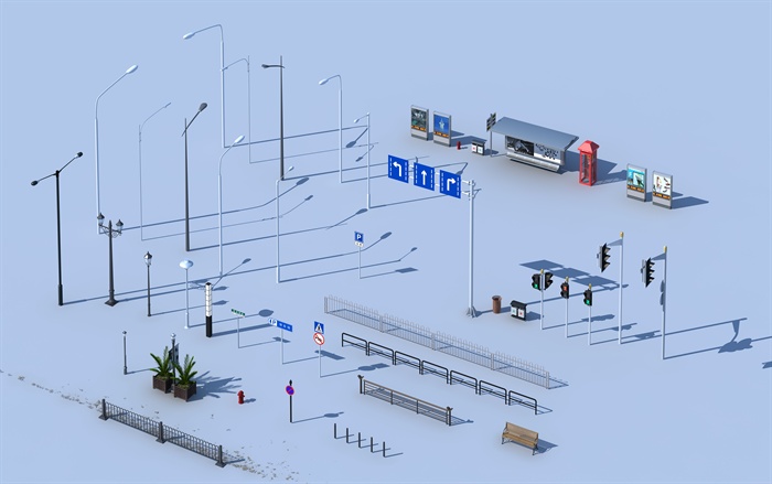 路口灯具红绿灯围栏公交车站组合设计3d模型（含效果图）(2)
