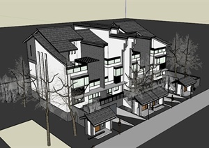 现代中式瓦房屋顶别墅建筑设计SU(草图大师)模型