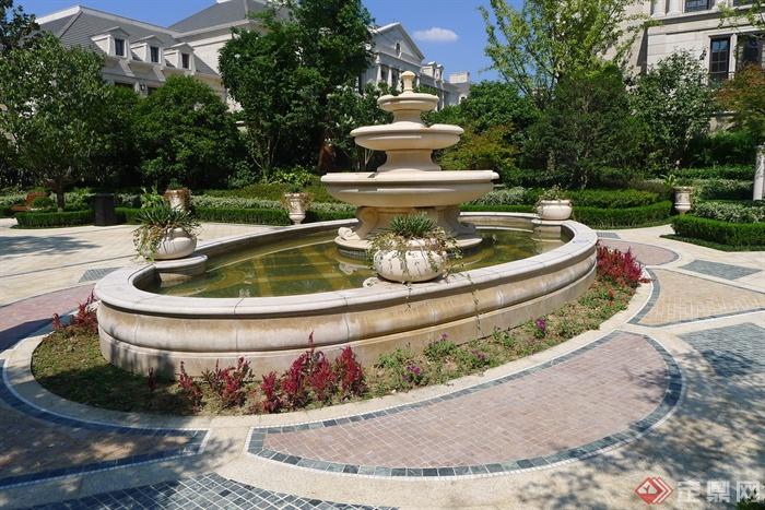 喷泉水池景观,种植池,矮墙,地面铺装,住宅景观