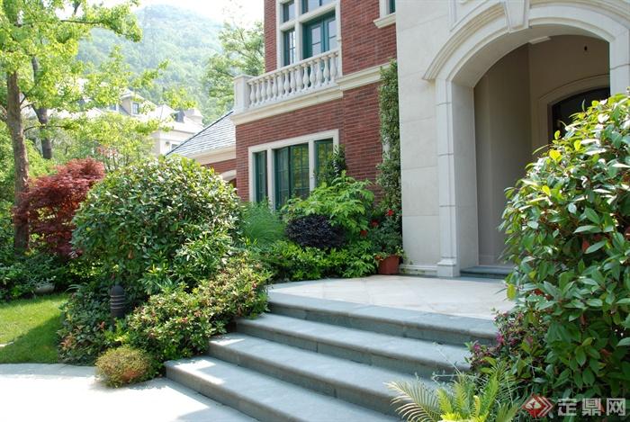 台阶,门廊,灌木球,草坪,住宅景观
