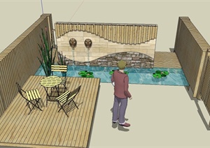 木平台、桌椅、吐水景墙、水池、木围墙等组合设计SU(草图大师)模型