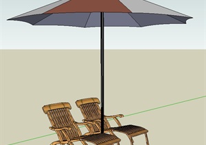 室外两个木质休闲椅子与阳伞设计SU(草图大师)模型