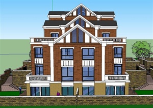 新古典风格台阶式三层别墅建筑设计SU(草图大师)模型