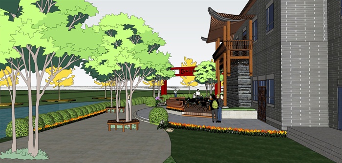 现代中式员工食宿中心景观设计su模型