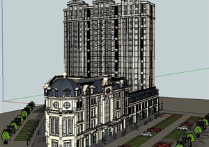 法式三角形18层商业建筑设计SU(草图大师)模型