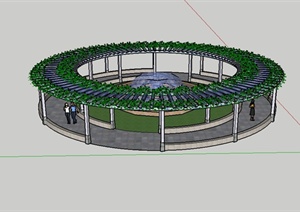 圆形花架廊架设计SU(草图大师)模型（含喷泉水池）