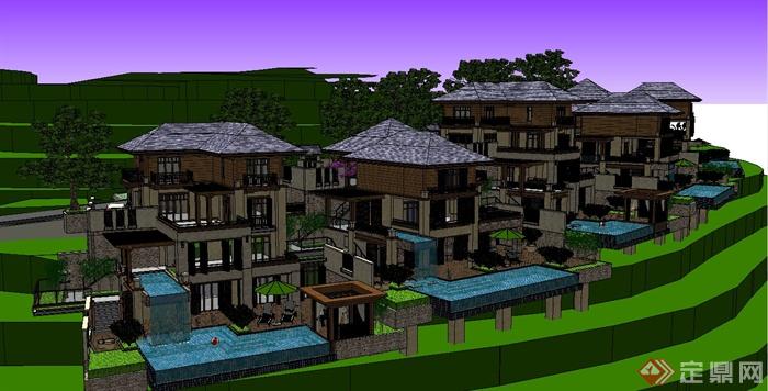 东南亚风格坡地度假别墅建筑设计SU模型(1)