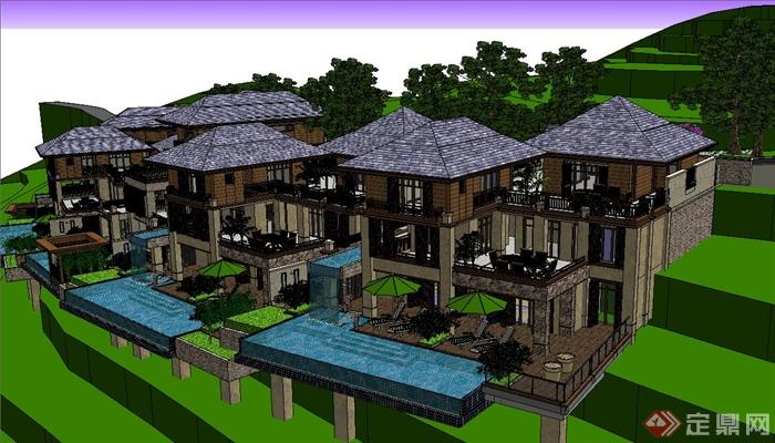 东南亚风格坡地度假别墅建筑设计SU模型(3)