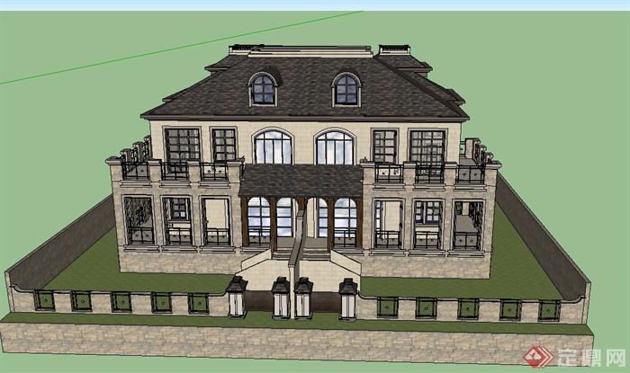 两层欧式方形双拼别墅建筑设计SU模型(1)